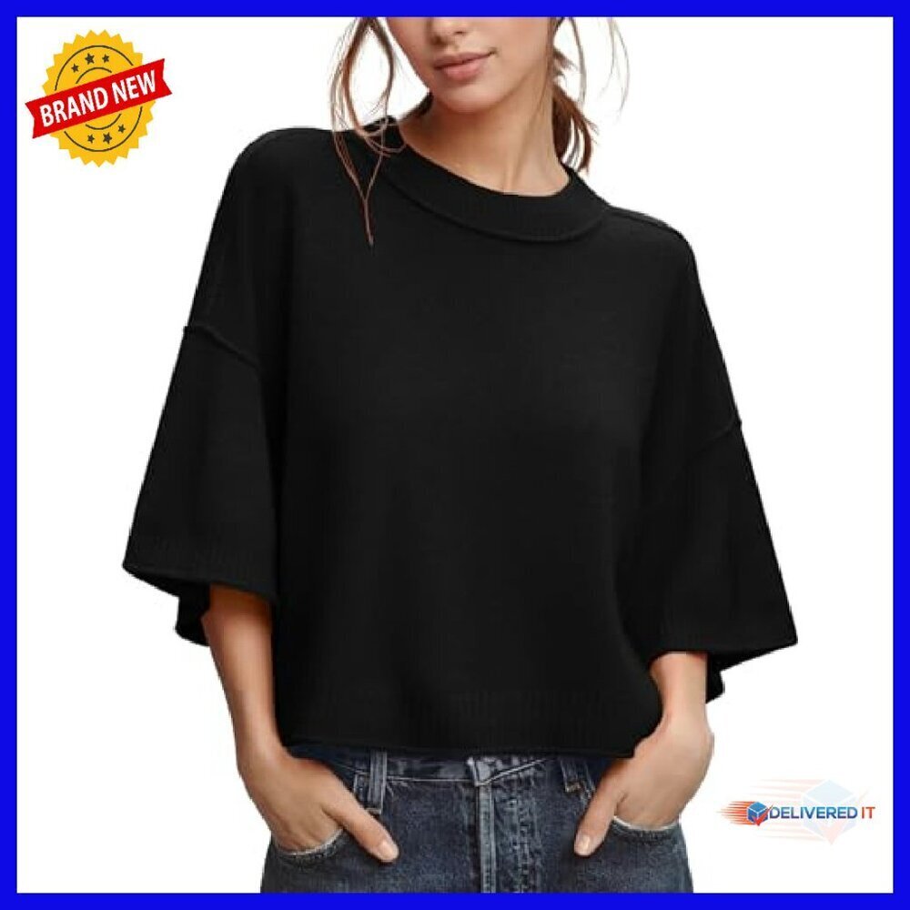 Oversized Cropped Pullover 3/4 Sleeve Lightweight Knit Summer Top - Picture 2 of 8